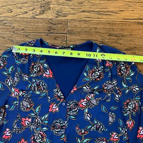 Express Maxi Dress Women's Small Blue Floral Long Roll Tab Sleeves Button Front - Picture 13 of 16